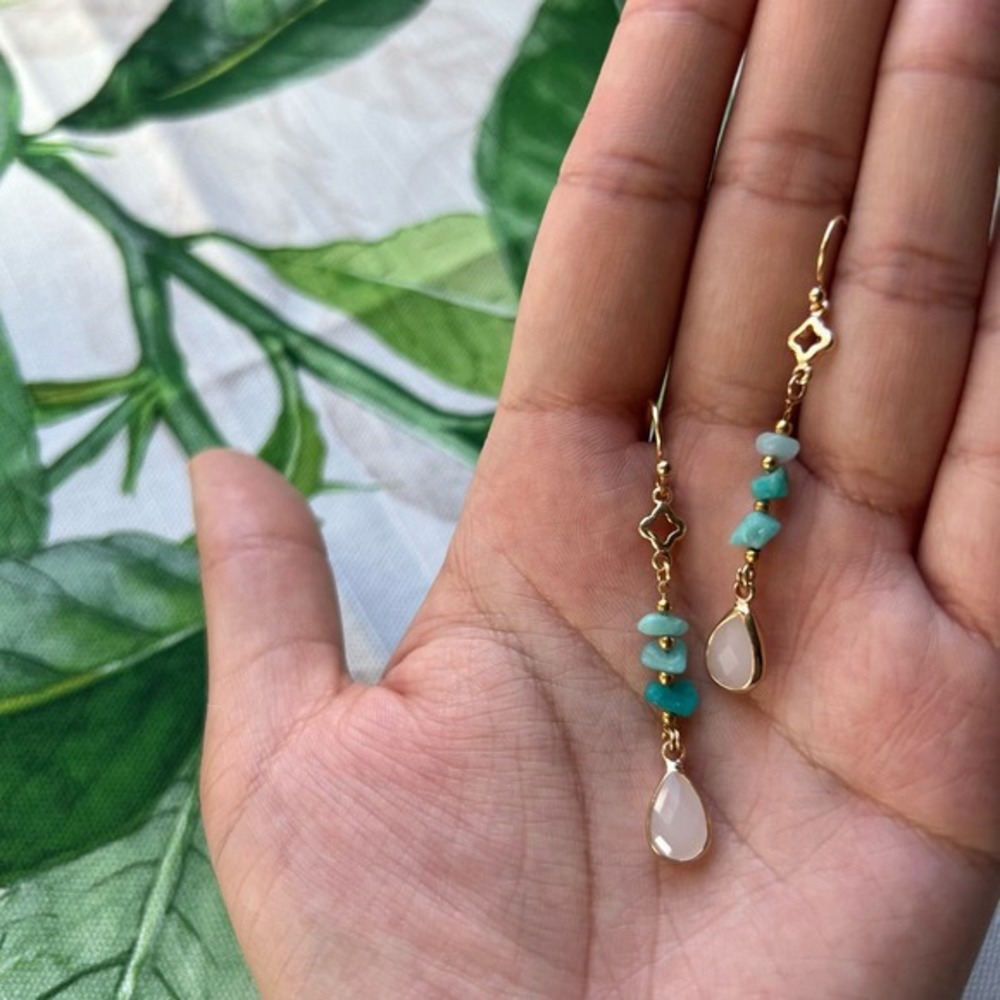 Western Turquoise Stone White Jade Clover Charm Casual Boho Teardrop Earrings
